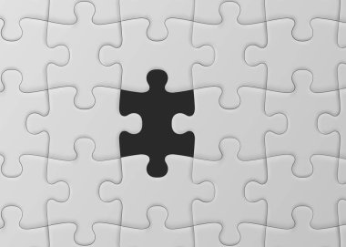Beyaz jigsaw puzzle cevapsız parça ile. Çözüm kavramı.
