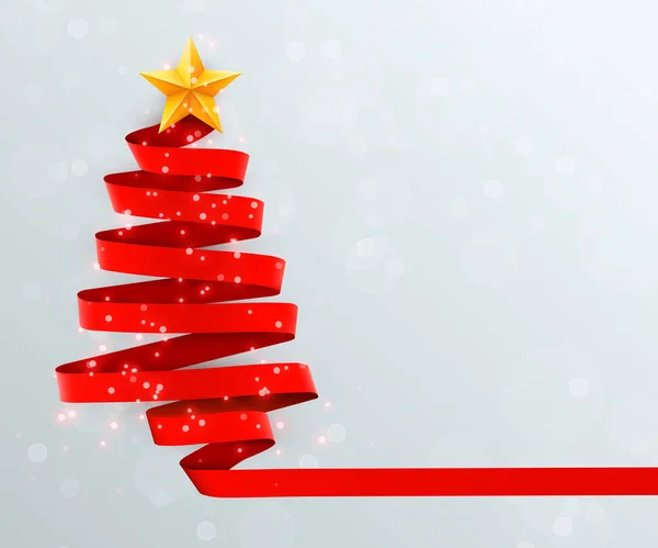 Kerstboom gemaakt van rood lint op lichte achtergrond. Nieuwjaar en Kerstmis wenskaart of uitnodiging voor feest. — Stockvector