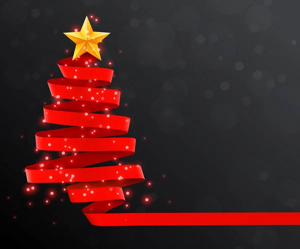 Kerstboom gemaakt van rood lint op donkere achtergrond. Nieuwjaar en Kerstmis wenskaart of uitnodiging voor feest. — Stockvector