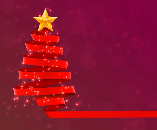 Kerstboom gemaakt van rood lint op rode achtergrond. Nieuwjaar en Kerstmis wenskaart of uitnodiging voor feest. — Stockvector