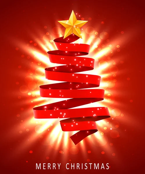 红色背景的红丝带做成的圣诞树。新年和圣诞贺卡或聚会请柬. — 图库矢量图片