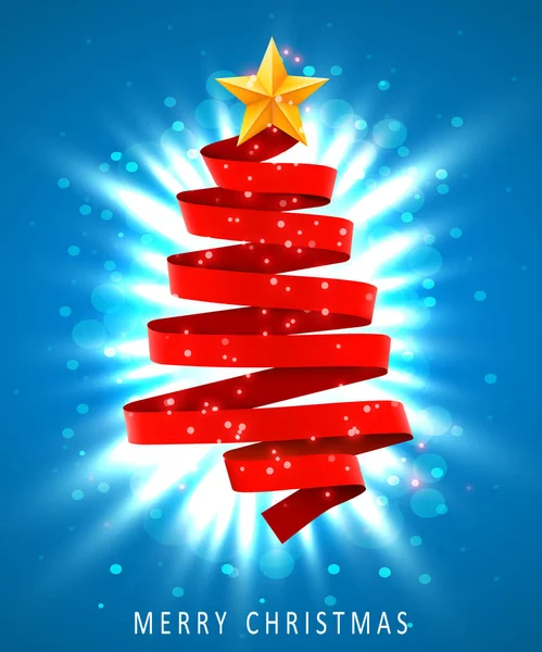 蓝色背景的红丝带做成的圣诞树。新年和圣诞贺卡或聚会请柬. — 图库矢量图片