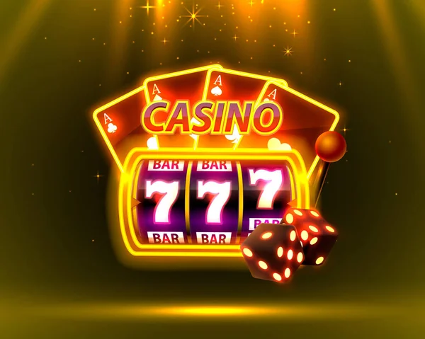 Casino Neon cover, speelautomaten en Roulette met kaarten, scène achtergrond kunst. — Stockvector