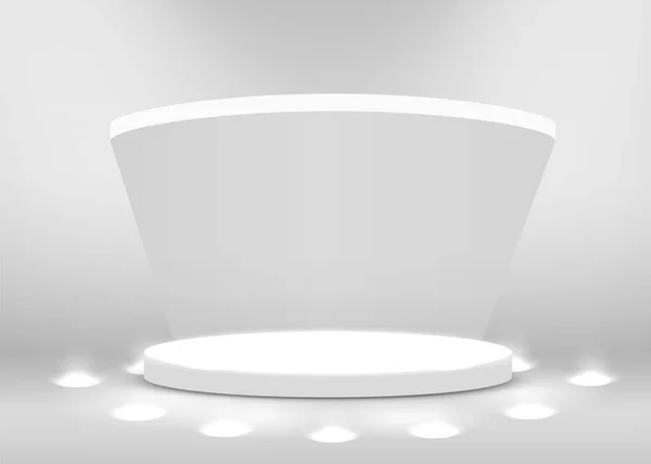 Escena del podio escénico para la ceremonia de entrega de premios iluminada con proyectores. Concepto de ceremonia de premios. Escenario. — Archivo Imágenes Vectoriales