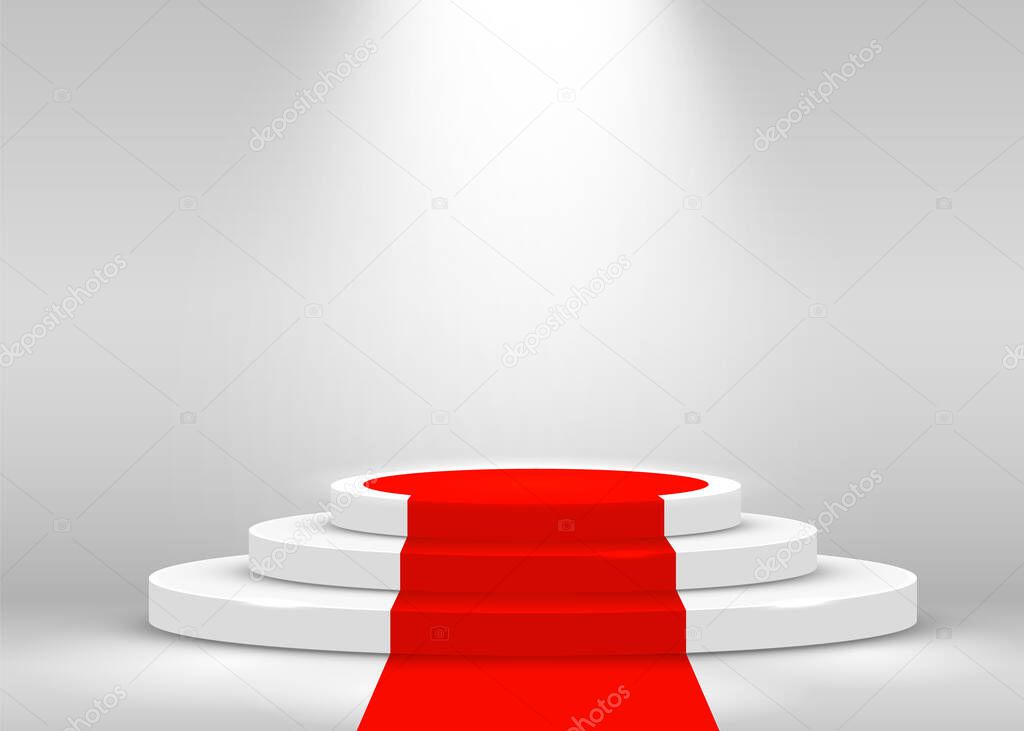 Stage Podium Scene for Award Ceremony illuminated with spotlight and red carpet. Award ceremony concept. Stage backdrop.