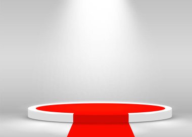 Sahne Podyum Sahnesi Ödül Töreni spot ışıkları ve kırmızı halıyla aydınlatıldı. Ödül töreni konsepti. Sahne arkaplanı.