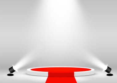 Sahne Podyum Sahnesi Ödül Töreni spot ışıkları ve kırmızı halıyla aydınlatıldı. Ödül töreni konsepti. Sahne arkaplanı.