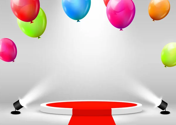 Podiumsszene zur Preisverleihung, beleuchtet mit Scheinwerfern, rotem Teppich und fliegenden Ballons. Konzept der Preisverleihung. Bühnenbild. — Stockvektor