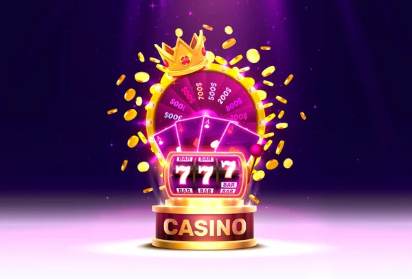 Casino golden colorful fortune wheel, Neon slot machine wins the jackpot. — Stock Vector