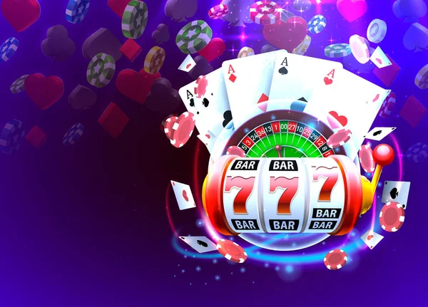 Casino couverture 3d, machines à sous et roulette avec cartes, Scène de l'art de fond . — Image vectorielle