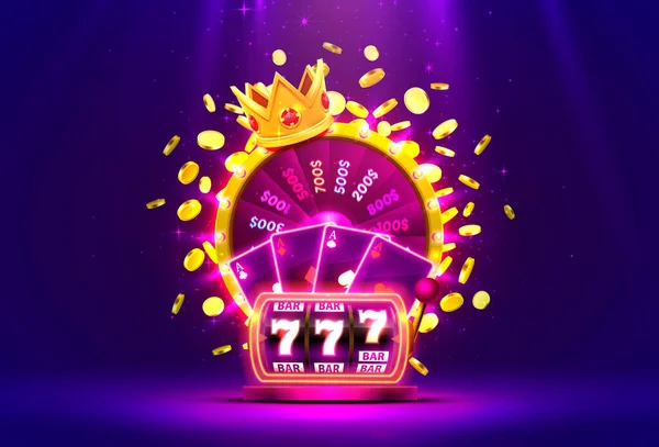 Casino gouden kleurrijke fortuin wiel, Neon gokautomaat wint de jackpot. — Stockvector