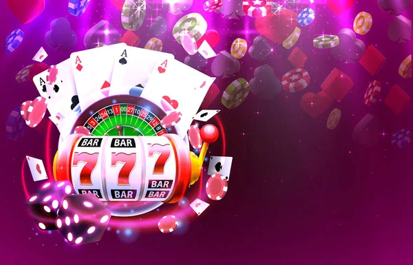 Cubierta de Casino 3d, máquinas tragamonedas y ruleta con tarjetas, Escena de arte de fondo . — Vector de stock