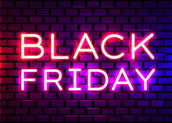 Черная пятница - реалистичный неоновый знак для украшения и покрытия на фоне брика. Концепция продажи, оформления и скидки
.