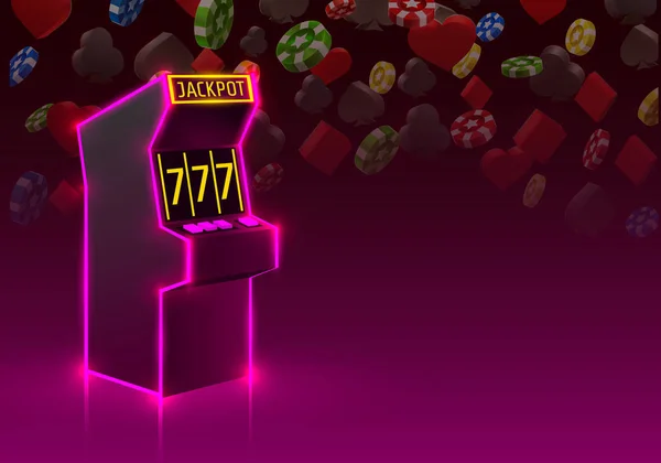 Automat 3d wygrywa jackpot, Neon automat, Karty do gry wygrywa jackpot. — Wektor stockowy