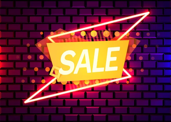 Neon sign, the word Sale on dark brick wall background. Discount Background for your design, greeting card, banner. — Stock Vector