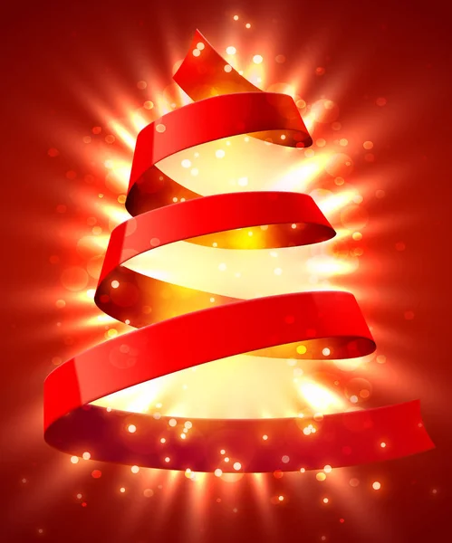 Kerstboom gemaakt van rood lint. Nieuwjaars- en kerstkaart of uitnodiging voor feestjes. — Stockvector