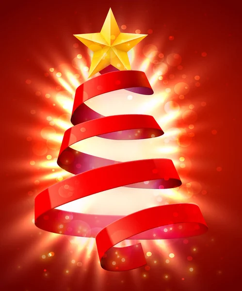 Kerstboom gemaakt van rood lint. Nieuwjaars- en kerstkaart of uitnodiging voor feestjes. — Stockvector