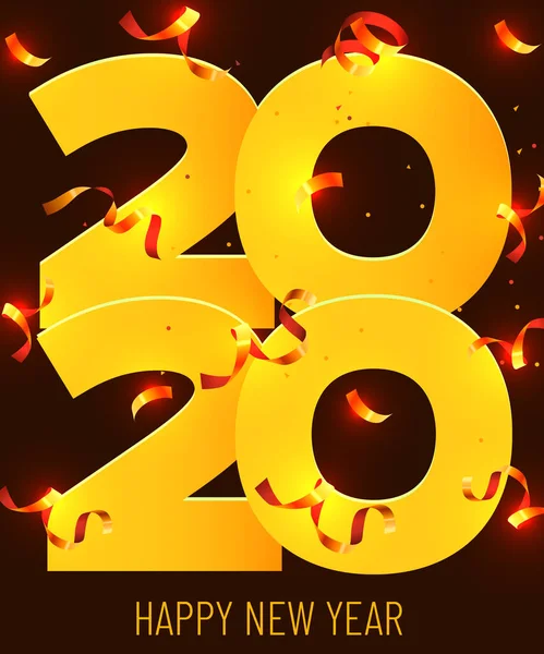 2020 Καλή χρονιά. Χρυσοί αριθμοί Σχεδιασμός ευχετήριας κάρτας του Falling Shiny Confetti. Ευτυχισμένο το Νέο Έτος Banner με 2020. Φωτεινό φόντο. — Διανυσματικό Αρχείο