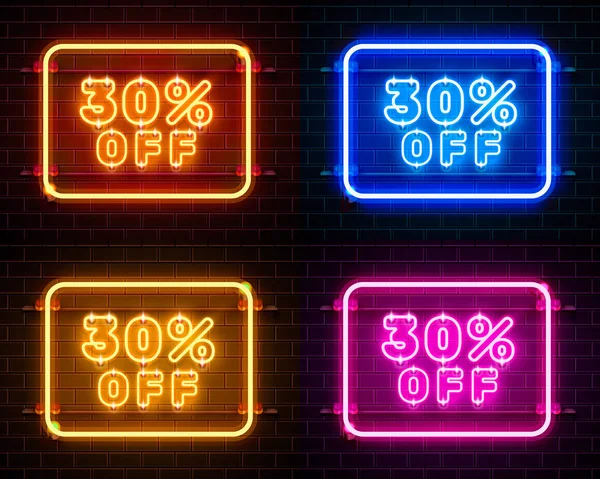 Neon 30 off text banner color set. Nachtzeichen. — Stockvektor