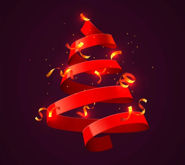 Julgran gjord av rött band. Nytt år och jul gratulationskort eller fest inbjudan. — Stock vektor