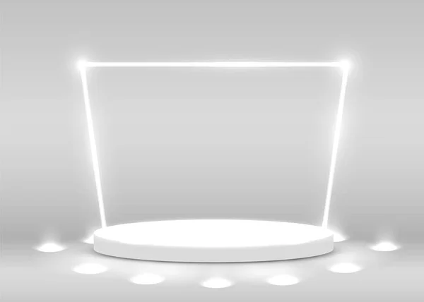 Escena del podio escénico para la ceremonia de entrega de premios iluminada con proyectores. Concepto de ceremonia de premios. Escenario. — Vector de stock