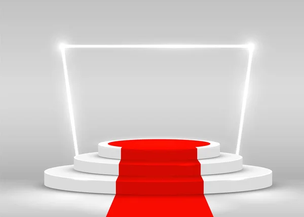 Cena de palco do pódio para cerimônia de premiação iluminada com holofotes e tapete vermelho. Conceito de cerimónia de entrega. Cenário da fase . — Vetor de Stock