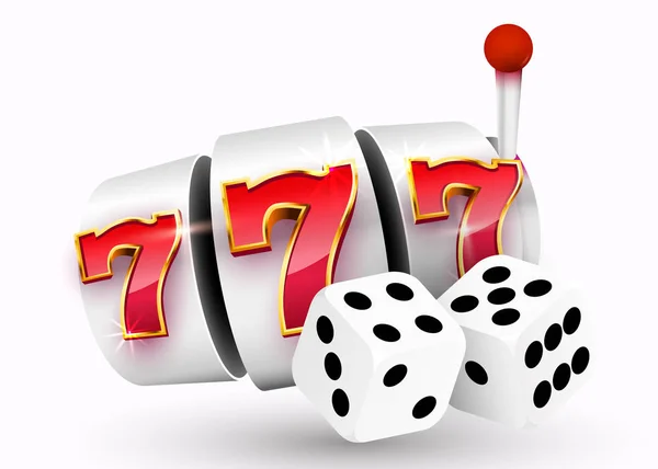 Gouden gokautomaat en paar dobbelstenen wint de jackpot. 777 Groot win concept. Casino jackpot. — Stockvector