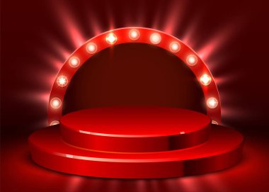 Spot ışıklarıyla aydınlatılmış soyut bir podyum. Ödül töreni konsepti. Sahne arkaplanı.