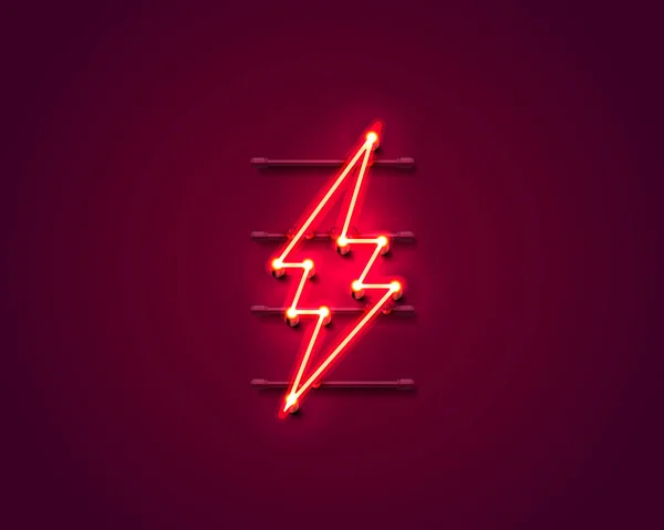 Signo de neón del letrero del rayo en el fondo rojo. — Vector de stock