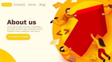 Büyüyen oku olan bir iş ekibi. Ticari başarı vektörü illüstrasyonunu kavra. 3d çizgi film karakteri biçimi.