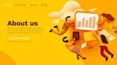 Küçük 3 boyutlu uçan insanlar birlikte çalışarak iş çözümleri üretiyor. Takım çalışması konsepti.