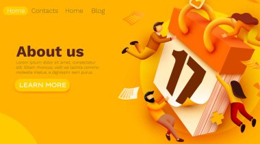 Minik insanlar ve dev takvimlerle modern afişler. Karakterli planlama takvimi pankartı. Zaman yönetimi, planlama etkinlikleri ve organizasyon.