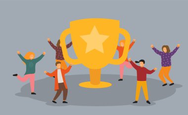 İş Takımı Başarı, Başarı Kavramı. Ödül, Altın Kupa ile Flat People Karakterler. Ofis Çalışanları Büyük Kupa ile Kutluyor.