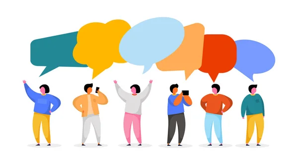 Sociaal netwerk sjabloon. Groep jonge mensen personages chatten en spreken. Virtueel communicatie concept. — Stockvector