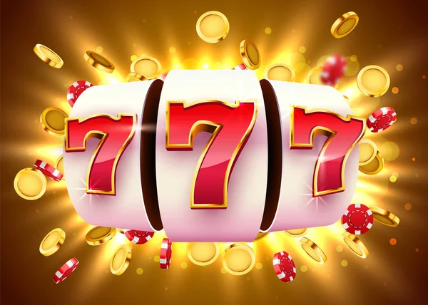 Goldener Spielautomat mit fliegenden goldenen Münzen gewinnt den Hauptgewinn. Big-Win-Konzept. — Stockvektor