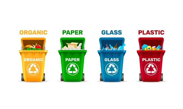 Мусорные баки, сортировка отходов, органическое пластиковое стекло и бумага, набор цветных контейнеров — стоковый вектор