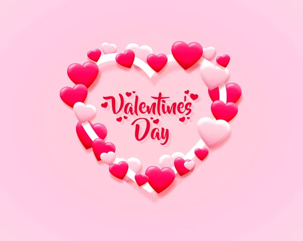 Šťastný Valentýn blahopřejeme pohlednici. Růžové srdce z malých srdcí. — Stockový vektor