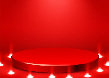 Spot ışıklarıyla aydınlatılmış soyut bir podyum. Ödül töreni konsepti. Sahne arkaplanı.
