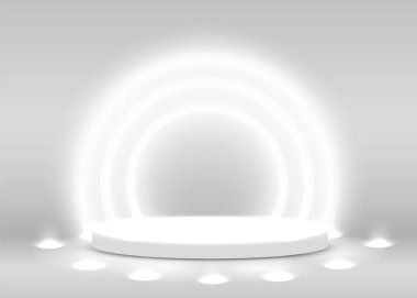 Sahne Podyumu Ödül Töreni Sahnesi spot ışıklarıyla aydınlatıldı. Ödül töreni konsepti. Sahne arkaplanı.