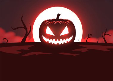 Korkunç balkabağı silueti, aydaki zombi eli ve sisli arka plan. Cadılar Bayramı Grafik Tasarımı.