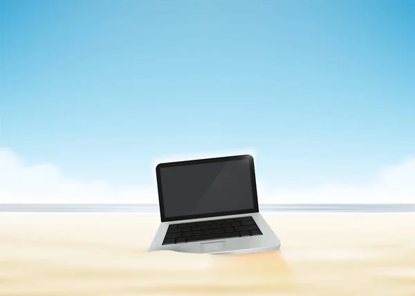 Computador portátil na areia da praia. Vetor — Vetor de Stock