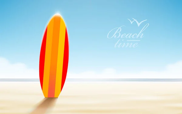 Tatil tasarımı. Güneşli bir deniz manzarasına karşı sahilde sörf tahtaları — Stok Vektör