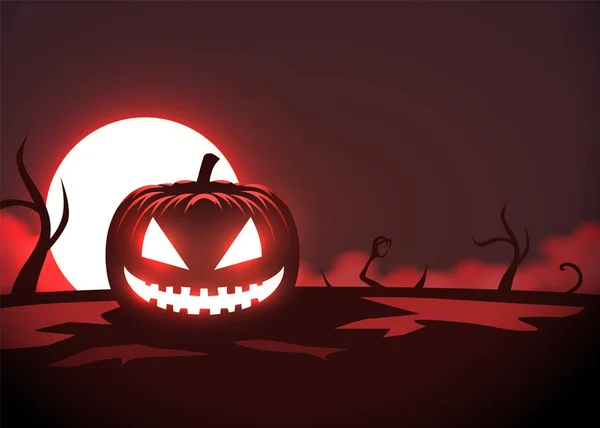 Silueta de calabaza de miedo, mano zombie en la luna y niebla de fondo. Diseño de gráficos de fiesta de Halloween . — Archivo Imágenes Vectoriales