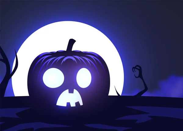 Silueta de calabaza de miedo, mano zombie en la luna y niebla de fondo. Diseño de gráficos de fiesta de Halloween . — Archivo Imágenes Vectoriales