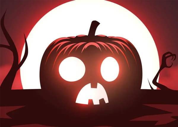 Silueta de calabaza de miedo, mano zombie en la luna y niebla de fondo. Diseño de gráficos de fiesta de Halloween . — Archivo Imágenes Vectoriales