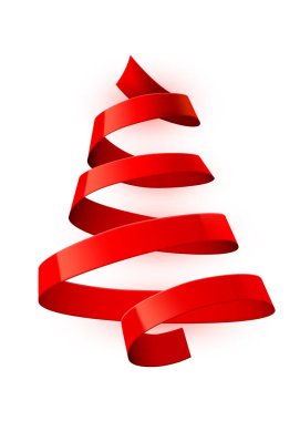 Noel ağacı kırmızı kurdele parlak zemin üzerine yapılmış. Yeni yıl ve Noel tebrik kartı veya yeni yıl eğlencesi daveti.