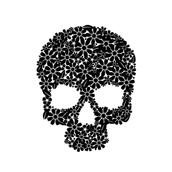Painting skull flowers isolated on black, black symbol. — Stock Vector