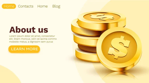 Hromada zlatých dolarů mincí izolovaných na bílém pozadí. Vydělávat peníze online koncept. Šablona stránky přistání. — Stockový vektor