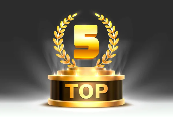 Top 5 best podium award sign, golden object. — Stock Vector