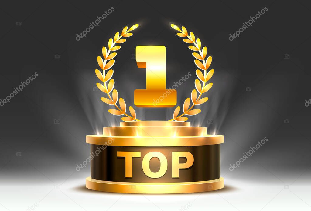 Top 1 best podium award sign, golden object. Vector illustration